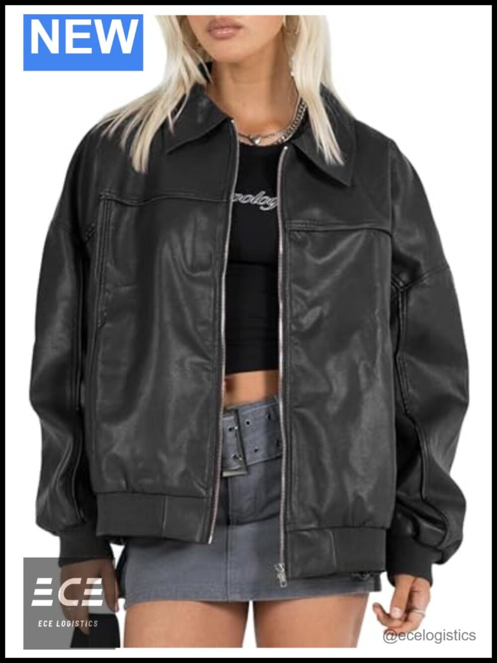 Womens Oversized Faux Leather Bomber Jacket Boyfriend Motorcycle Zip